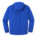 A Port Authority blue rain jacket with a hood.