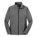 A Port Authority pearl gray heather soft shell jacket with a zipper.