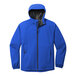 A Port Authority True Royal rain jacket with a hood and black zipper.