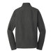 A back view of a black and charcoal heather Port Authority Core Soft Shell jacket with a white logo.