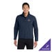 A unisex dress blue soft shell jacket with a zip front and customizable logo on the chest.