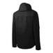 A back view of a black Port Authority parka jacket with a hood.