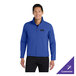 A medium-sized unisex true royal blue soft shell jacket with a zip front and customizable logo on the chest.