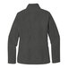 A back view of a black and charcoal heather Port Authority women's core soft shell jacket.
