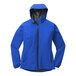 A white background with a blue Port Authority Essential rain jacket for women with a hood.