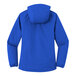 A Port Authority blue rain jacket with a hood.