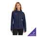 A women's navy blue rain jacket with a hood and front zipper, featuring customizable text on the chest.