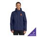 A unisex true navy parka jacket with a hood and customizable logo, shown in medium size.