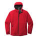 A Port Authority rich red unisex rain jacket with a black zipper and hood.
