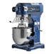 A blue and silver Waring Luna stand mixer with a metal bowl on top.