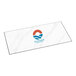 A rectangular white entrance mat with a marble-like pattern and a customizable logo in the center.