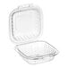A Dart clear plastic hinged take-out container with the lid open.