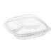 A Dart clear plastic hinged container with a clear lid.
