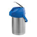 A stainless steel Service Ideas airpot with a blue lid.