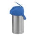A stainless steel airpot with a blue top and lever.