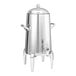 A modern polished stainless steel coffee chafer urn with two handles and a lid.