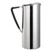 A tall, slim polished stainless steel pitcher with a black handle and a spout guard.