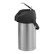 A brushed stainless steel Service Ideas airpot with a black lid.