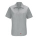 A Red Kap women's grey short sleeve work shirt with MIMIX flex panels and buttons.