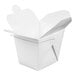 A white paper Chinese take-out container with a wire handle and open flaps.