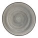 A grey stoneware bowl with a black rim.