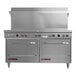 A large stainless steel commercial 10-burner range with two standard ovens and a backsplash.
