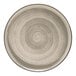 A close-up of a Cosy & Trendy gray stoneware coupe plate with a spiral design on it.