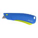 A close-up of a blue and yellow Pacific Handy Cutter safety knife with a yellow handle.