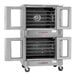 A double deck full size electric convection oven with open doors and multiple shelves, designed for commercial kitchen use.