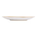 A beige porcelain coupe plate with blue and brown stripes on the edge.