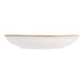 A white plate with a blue rim.
