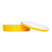 A close up of a Cal-Mil round yellow and white melamine bento box with a lid.