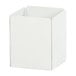 A white metal box with a black handle on a white surface.