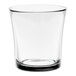 A clear glass with a black rim.