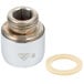 A close-up of a T&S chrome plated metal nut and washer.