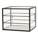 A black metal Cal-Mil bakery display case with three clear glass shelves.