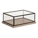 A rectangular bakery display case with a black metal frame, clear glass sides, and a wooden base.