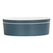 A close up of a blue Cal-Mil round melamine bowl with white stripes.