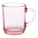 A clear glass mug with a handle.