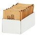 A white Cal-Mil metal box with brown paper bags in it.