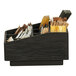 A black wooden Cal-Mil condiment organizer with sections for condiments.