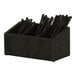 A black wooden flatware organizer with black utensils in it.