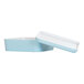 A white rectangular container with a blue lid.