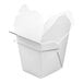 A white 32 oz. Chinese-style paper take-out container with a wire handle and open flaps.