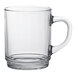 A stackable Duralex clear glass mug with a handle.