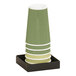 A stack of green and white paper cups in a black metal Cal-Mil condiment display stand.
