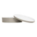 A white round melamine bento box with a lid.