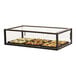 A Cal-Mil black metal bakery display case with food on shelves.