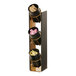 A black wood display stand with brass metal containers.