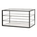 A black metal 3-tier glass bakery display case.